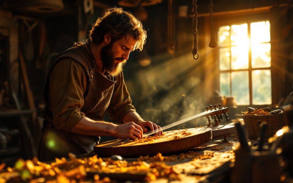 Un luthier médiéval façonne un psaltérion dans un atelier en bois, portant un tablier en cuir, entouré d'outils et de copeaux, baigné par une lumière chaude et volumétrique du coucher de soleil.