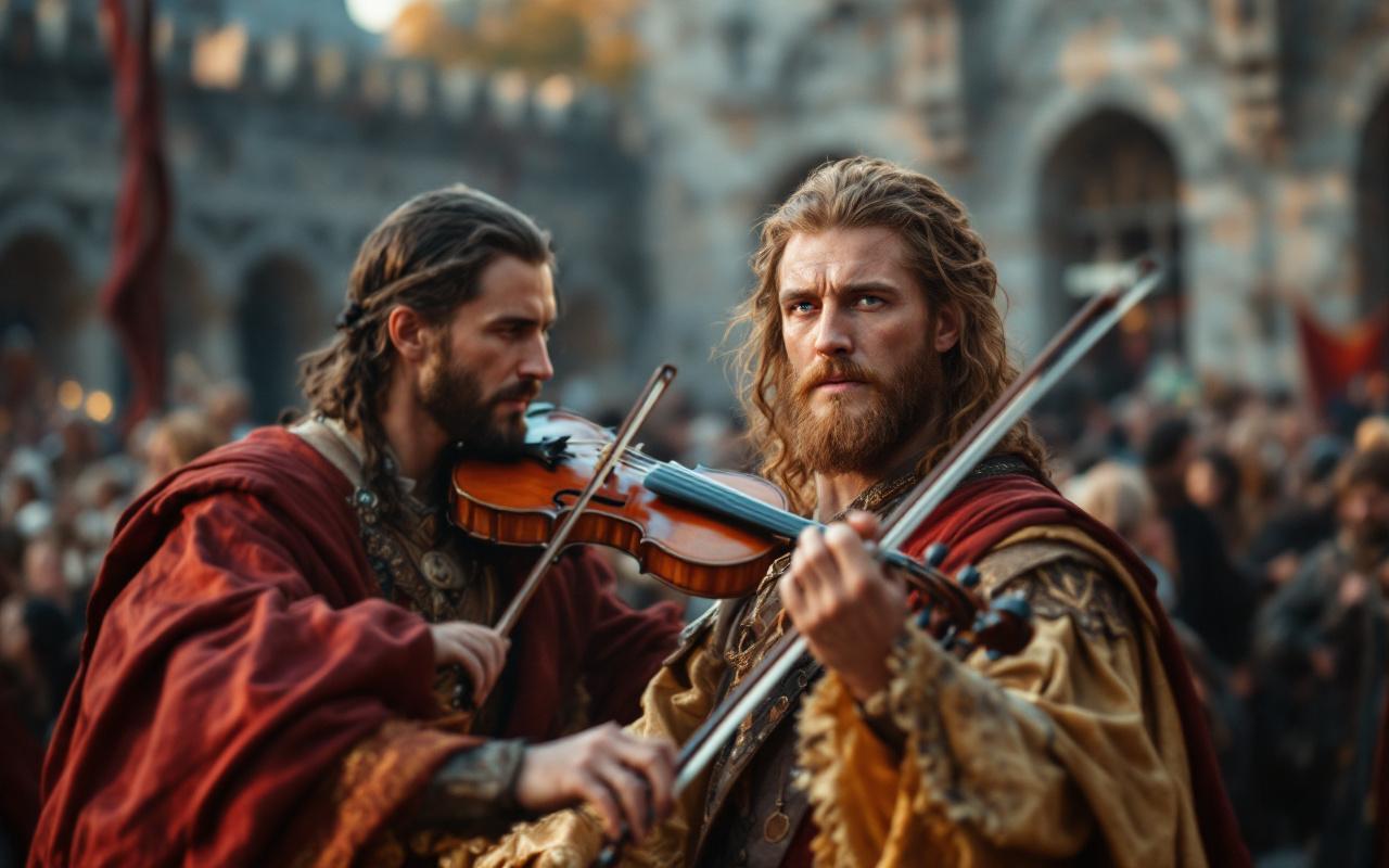 Plusieurs musiciens en costumes médiévaux jouent d'instruments à cordes anciens (luth, vielle) lors d'un festival en plein air, éclairés par une lumière volumétrique chaude de coucher de soleil, avec foule et architecture en pierre en arrière-plan.