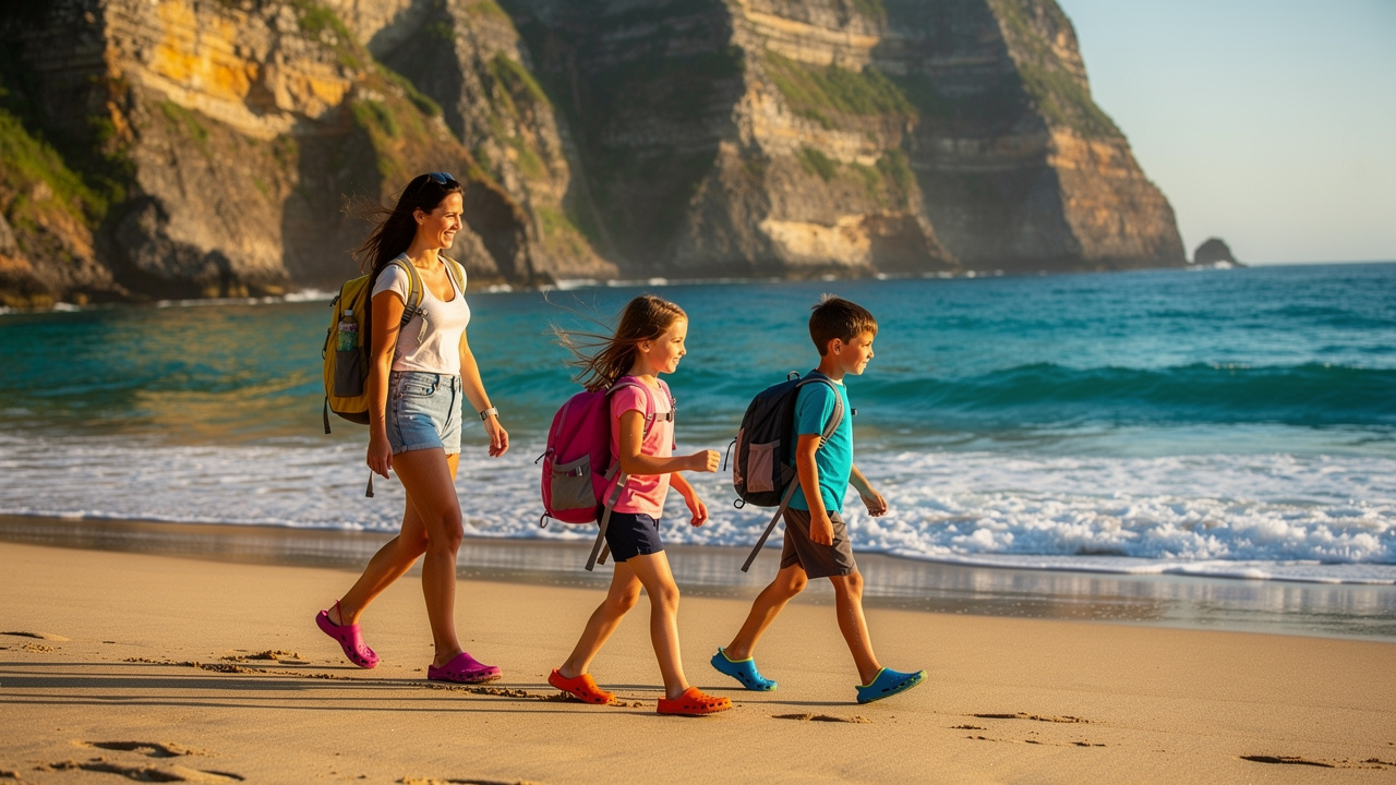 Une fille et un garçon accompagnés d’une femme marchent sur la plage de Tuara avec des chaussures d’eau et de petits sacs, devant une mer turquoise bordée de falaises.