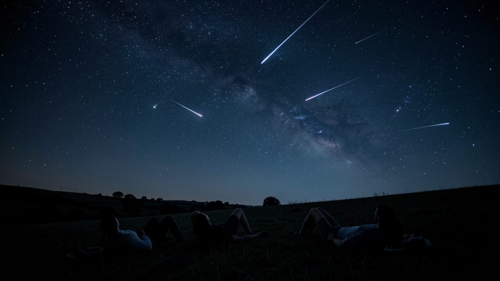 Des silhouettes allongées sur une colline observent les Perséides dans un ciel noir, avec plusieurs étoiles filantes visibles.
