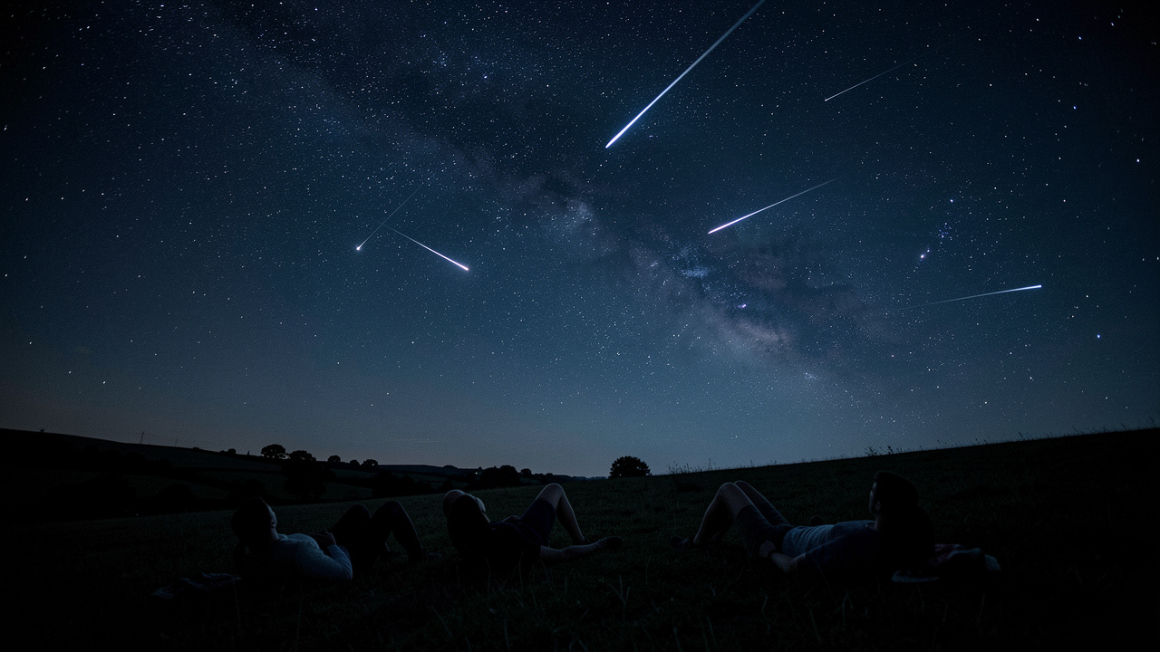 Des silhouettes allongées sur une colline observent les Perséides dans un ciel noir, avec plusieurs étoiles filantes visibles.