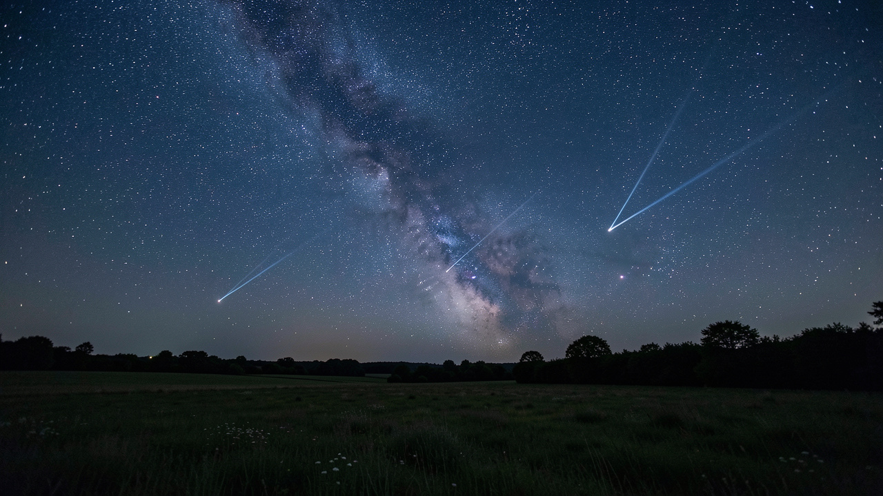 Ciel nocturne d’été au-dessus d’un paysage rural français sombre, avec la voie lactée et plusieurs étoiles filantes visibles.