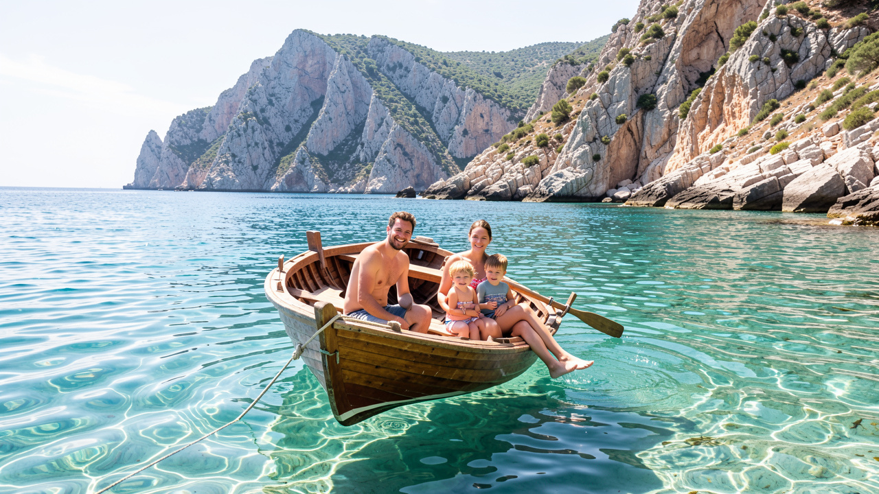 Un homme, une femme et deux enfants sur un petit bateau devant les falaises sauvages de Corse, au-dessus d’une mer turquoise.