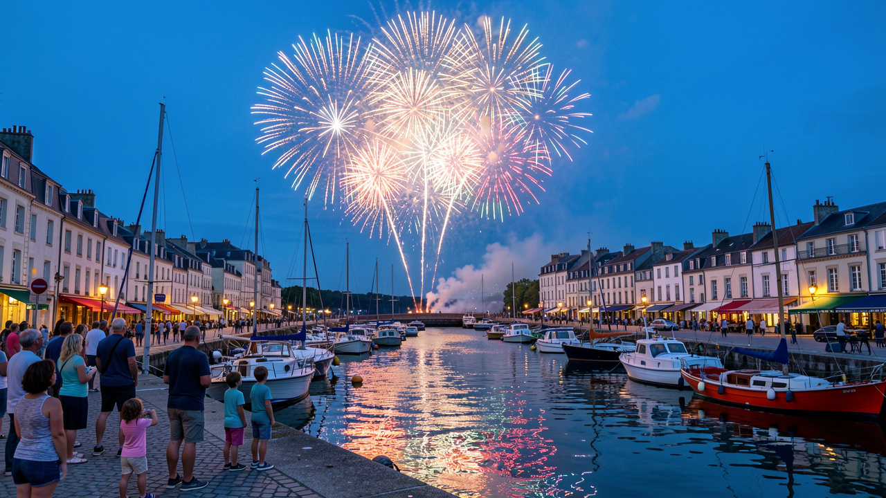 Feu d’artifice estival illuminant le ciel au-dessus d’un port français, tandis que des familles réunies sur les quais l’observent au crépuscule.