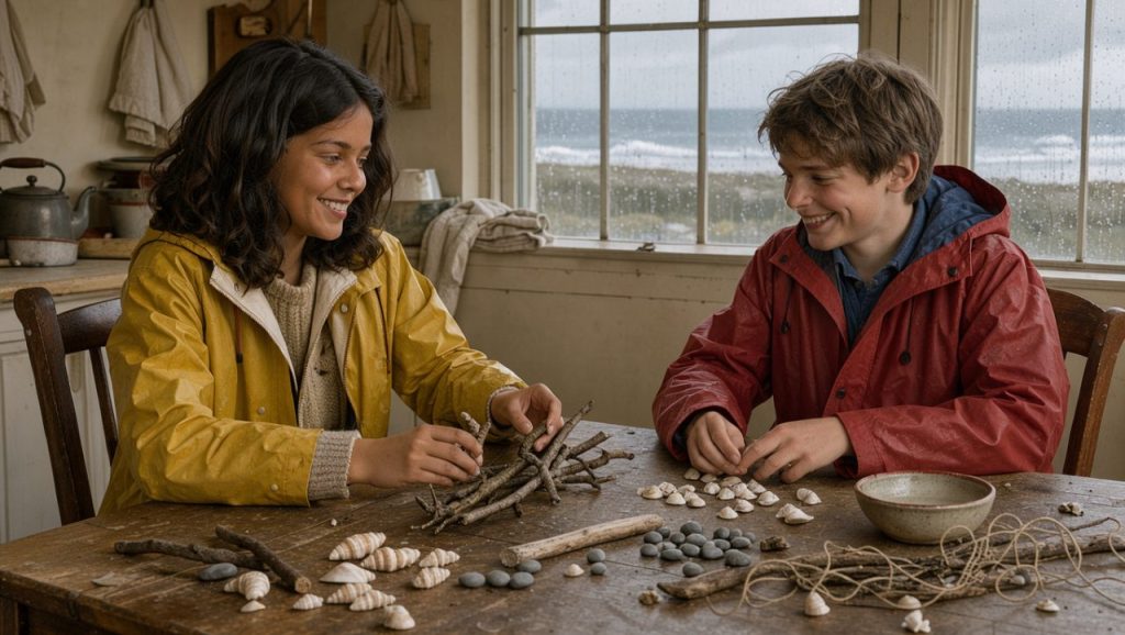Une adolescente et un adolescent en vêtements de pluie fabriquent une sculpture en bois flotté et trient des coquillages dans une maison chaleureuse de l’île d’Oléron, tandis que la pluie tombe dehors.