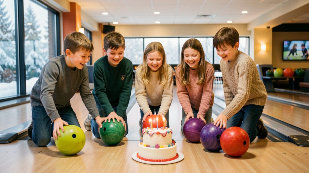 Six enfants de dix ans célèbrent un anniversaire dans une salle de bowling chaleureuse en hiver, avec des boules colorées et un petit gâteau décoré.