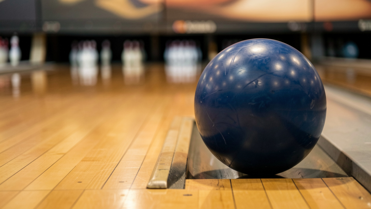 Une boule de bowling bleue immobilisée dans la rigole à côté d’une piste brillante, avec des quilles floues au loin.