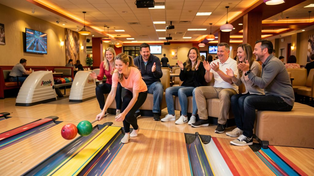 Groupe de huit adultes partageant une partie de bowling dans une salle moderne et chaleureuse.