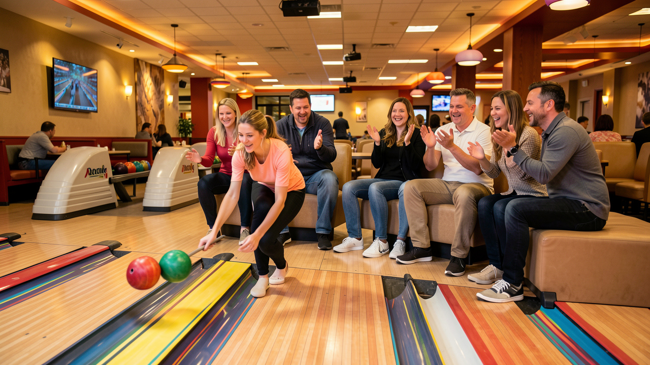 Groupe de huit adultes partageant une partie de bowling dans une salle moderne et chaleureuse.