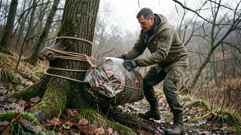 Un homme en tenue de randonnée sécurise avec une corde une charge de chasse couverte sur un versant boisé et humide.