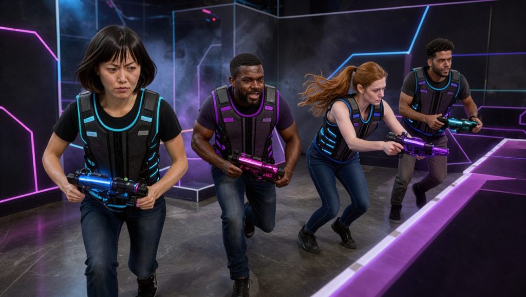 Deux femmes et deux hommes équipés pour une partie de laser game évoluent dans une arène intérieure éclairée de néons bleus et violets.