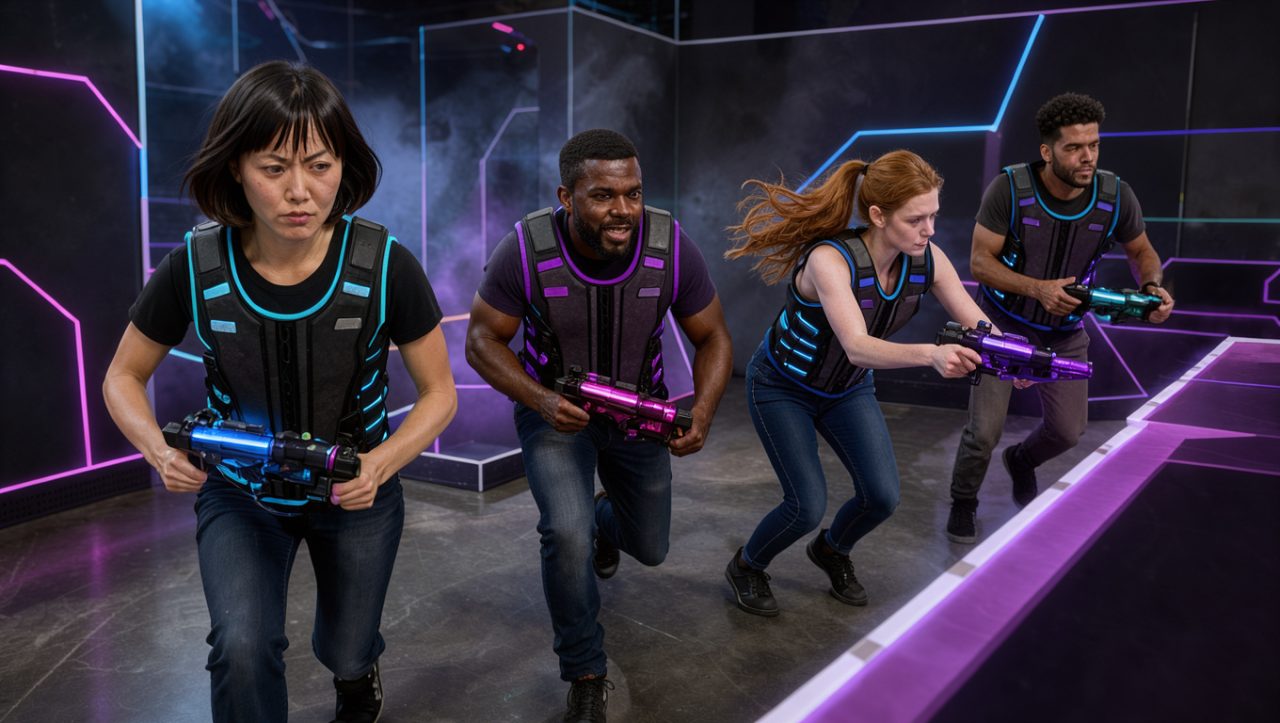 Deux femmes et deux hommes équipés pour une partie de laser game évoluent dans une arène intérieure éclairée de néons bleus et violets.