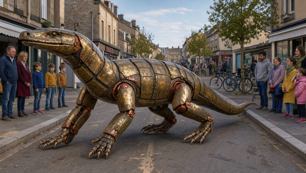 Un varan mécanique géant avance dans une rue de Calais tandis que des familles et des enfants l’observent depuis les trottoirs, sous un ciel maritime lumineux.