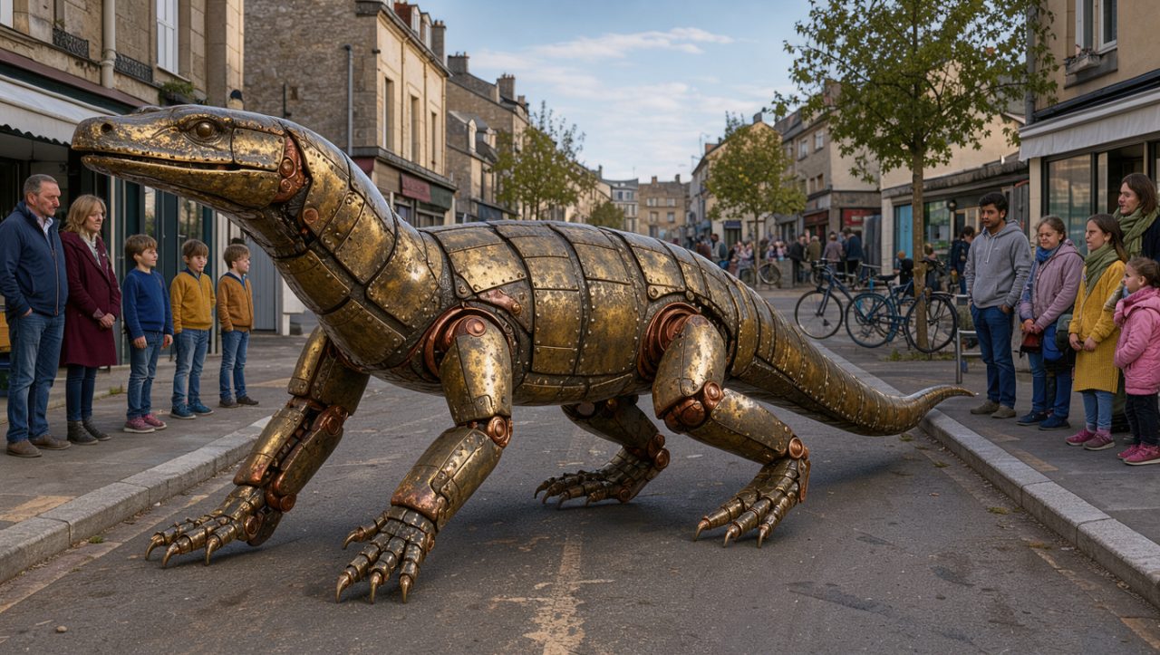 Un varan mécanique géant avance dans une rue de Calais tandis que des familles et des enfants l’observent depuis les trottoirs, sous un ciel maritime lumineux.